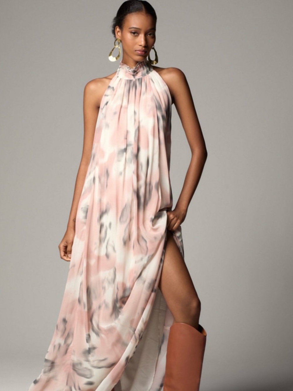 Anthropologie Pink Marble Halter Maxi Dress with Gray Accents